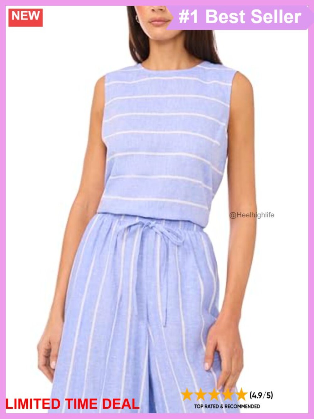 Linen Sleeveless Crew Neck Blouse Striped Breathable Top